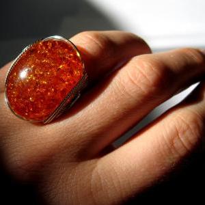 Glowing Fire Ring, Amberlite Ring, Sterling..