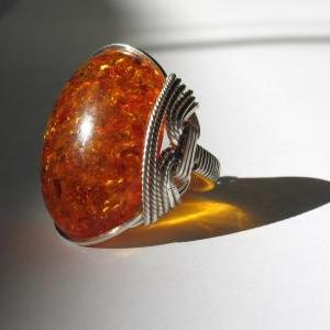 Glowing Fire Ring, Amberlite Ring, Sterling..