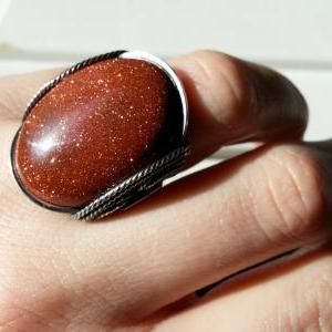 Goldstone Ring, Sparkling, Caramel, Oxidized..