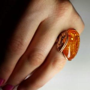 Honey Rose Gold Ring, Amberlite, Orange Glowing..