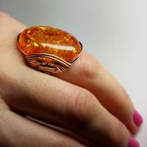 Honey Rose Gold Ring, Amberlite, Orange Glowing..