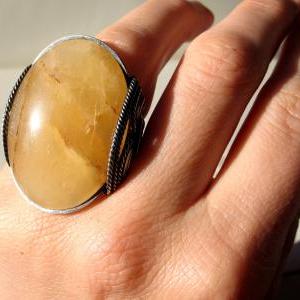 Golden Yellow Stone Ring, Oxidized Sterling..