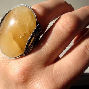 Golden Yellow Stone Ring, Oxidized Sterling..