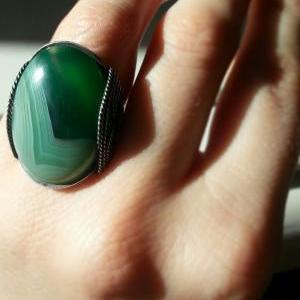 Apple Green Agate Ring, Antiqued Recycled Sterling..