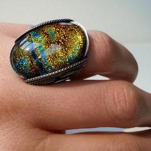 Rainbow Ring, Colorful Dichroic Glass Ring, Fused..