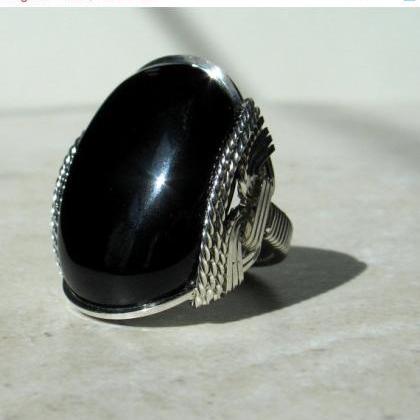 Onyx Ring, Mens Ring, Sterling Silver, Large Black..