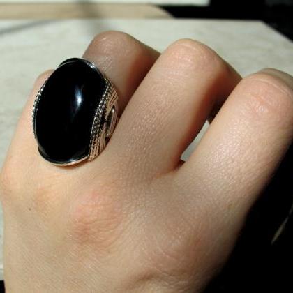 Onyx Ring, Mens Ring, Sterling Silver, Large Black..