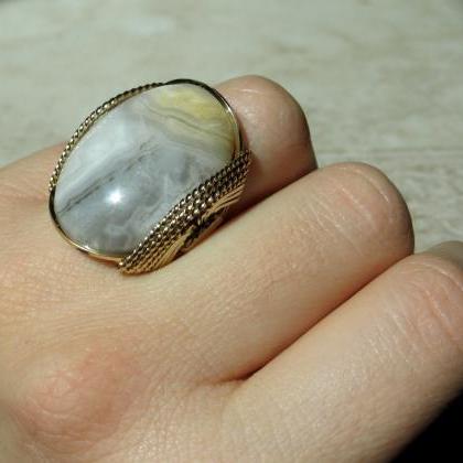 Grey Yellow Ring, Crazy Lace Agate, Natural Stone,..