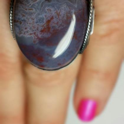Dusty Purple Ring, Bold Agate Stone, Dark Sterling..