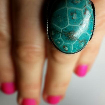 Teal Coral Fossil Ring, Dark Sterling Silver,..