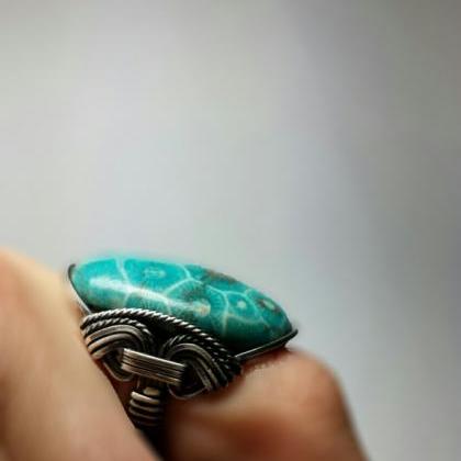Teal Coral Fossil Ring, Dark Sterling Silver,..
