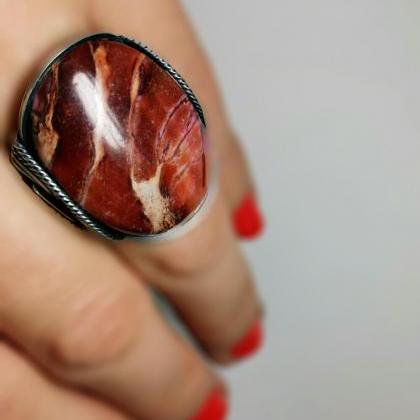 Red Cocktail Ring, Rustic Oxidized Sterling..