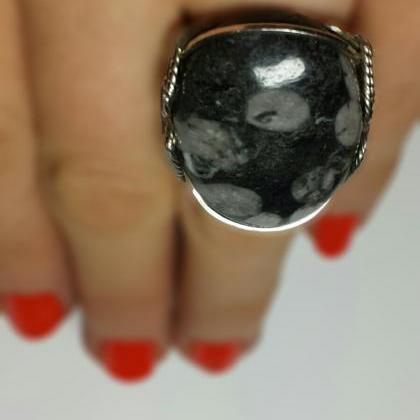 Black Fossil Agate Ring, Statement Sterling Silver..