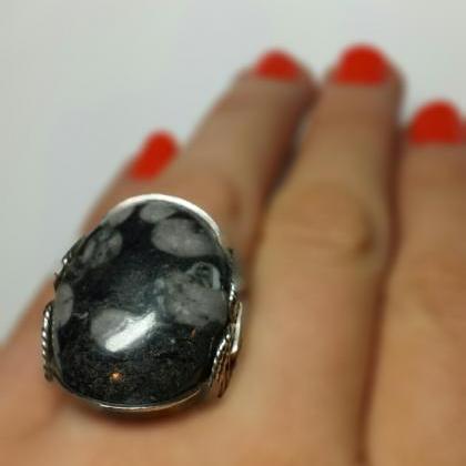 Black Fossil Agate Ring, Statement Sterling Silver..