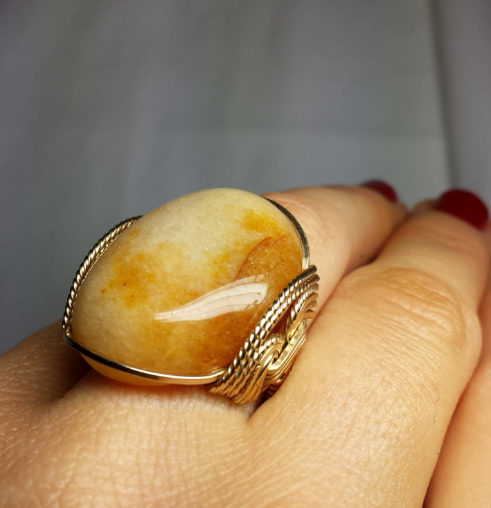 Gold Ring Yellow Stone Statement Ring, Custom Made In Any Size, Natural Aventurine, 0981