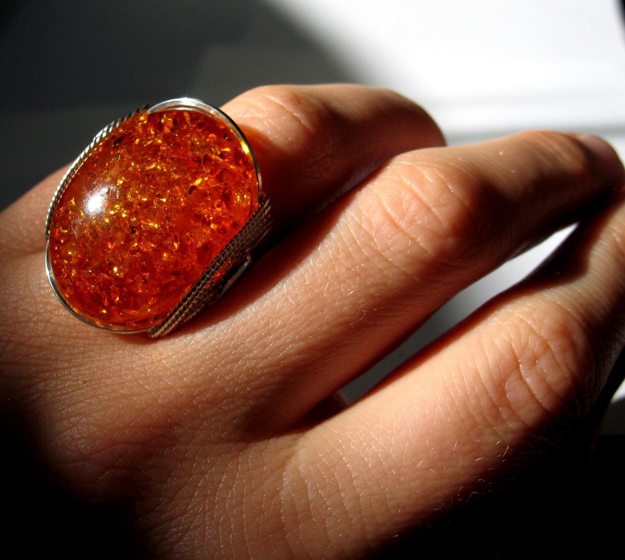 Glowing Fire Ring, Amberlite Ring, Sterling Silver, Custom Sized, Orange Sun, Unique Accessories, 0502