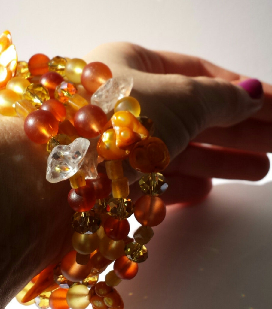 Orange Sunshine Bracelet, 5 Rows, Fiery Arm Candy, Yellow Gold Pearls, Beaded Jewelry