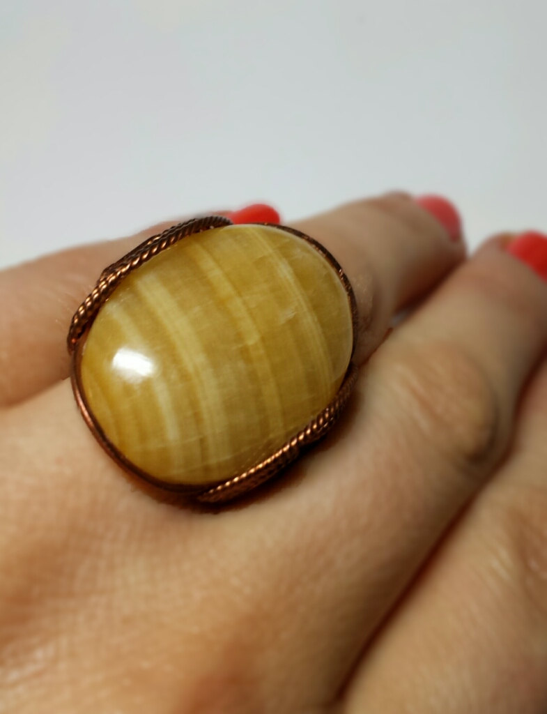 Yellow Statement Ring, Natural Aragonite Shell Stone, Any Size, Warm Rose Copper, Christmas In July