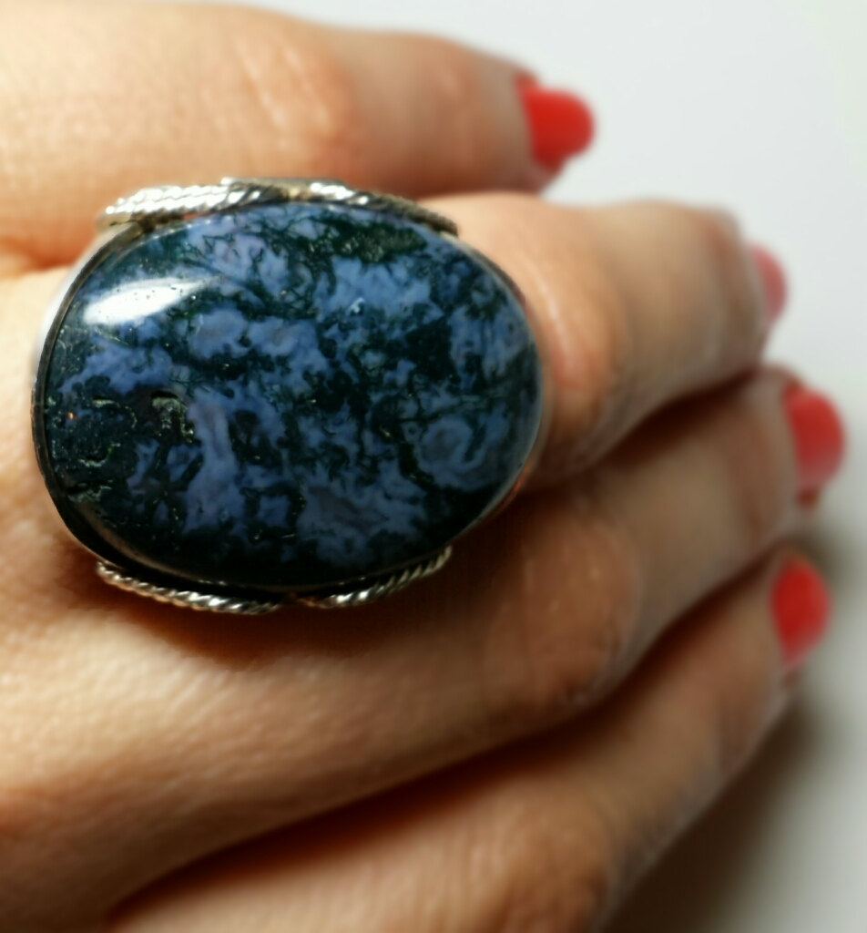 Green Moss Agate Ring, Dark Natural Stone, Sterling Silver, Handmade In