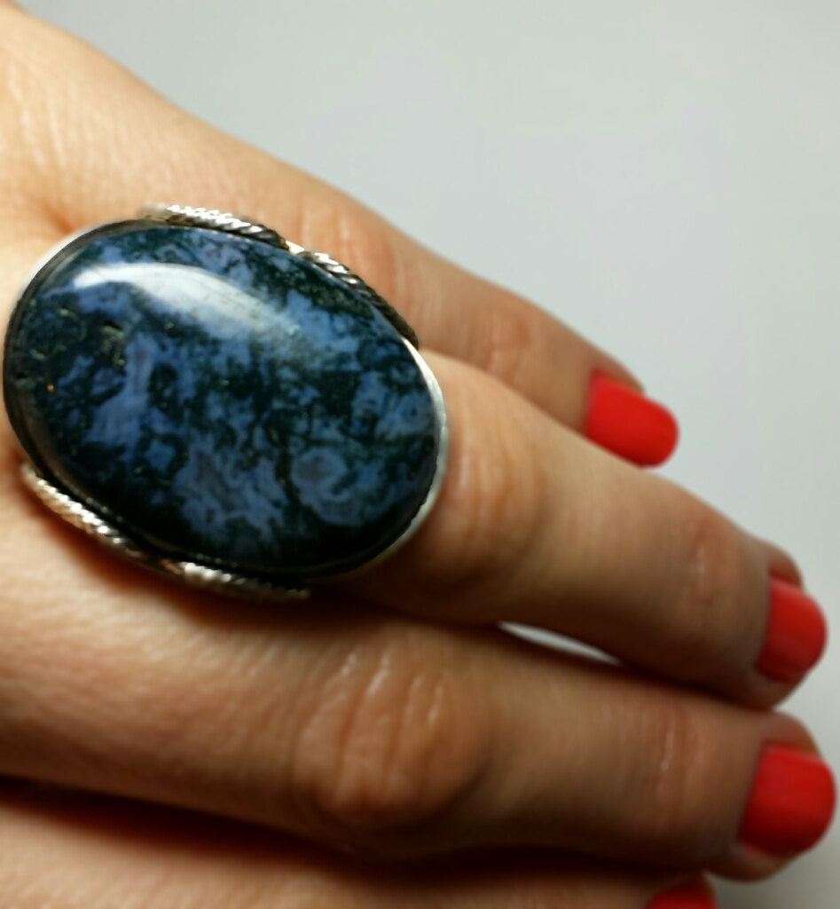 Green Moss Agate Ring, Dark Natural Stone, Sterling Silver, Handmade In