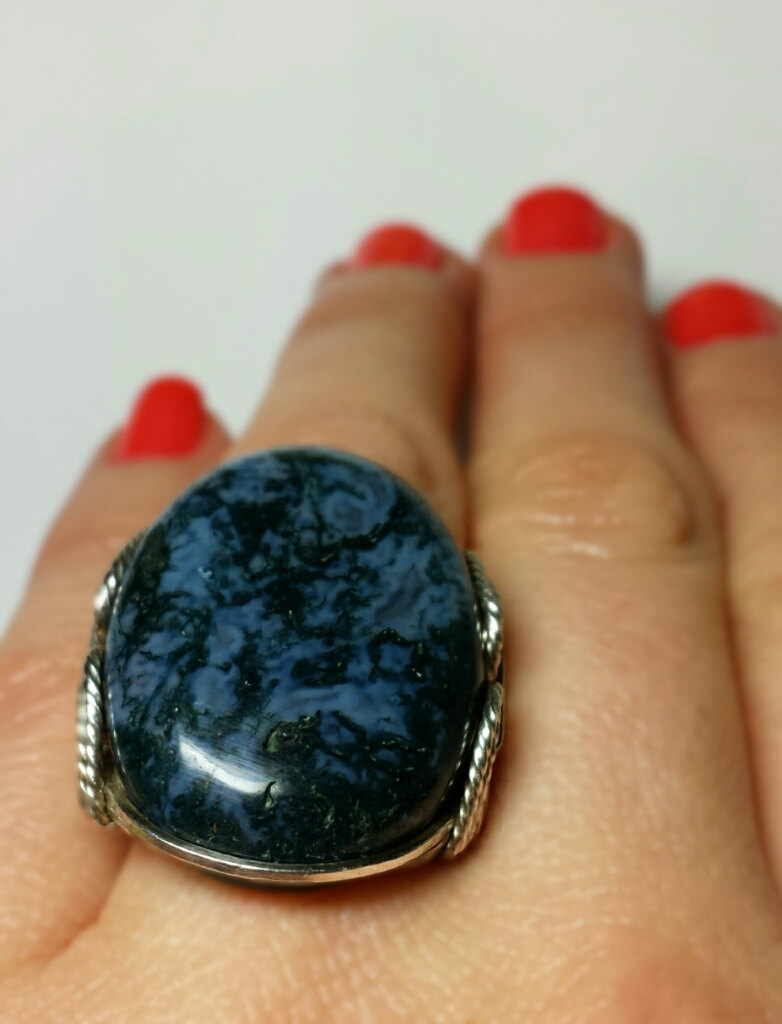 Green Moss Agate Ring, Dark Natural Stone, Sterling Silver, Handmade In