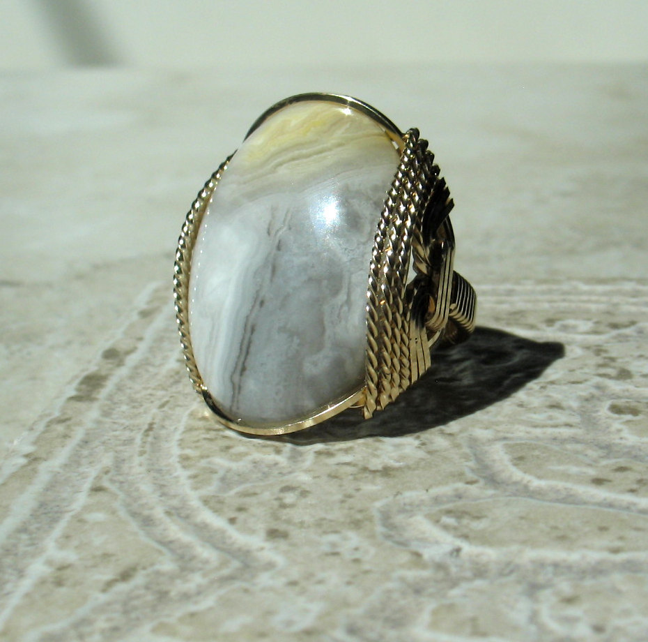 Grey Yellow Ring, Crazy Lace Agate, Natural Stone, 14k Gold Filled Wire, 0971