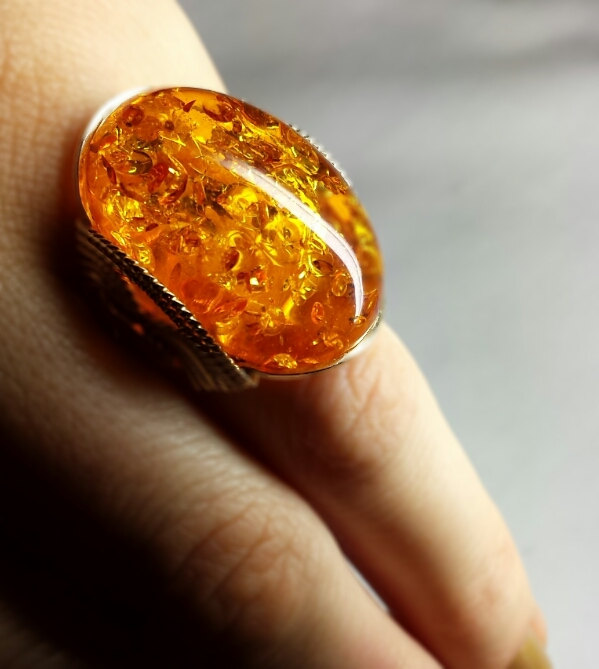 Honey Cocktail Ring, Amberlite Set In Gold, Custom Handmade To Size, Unique Gift, 1053