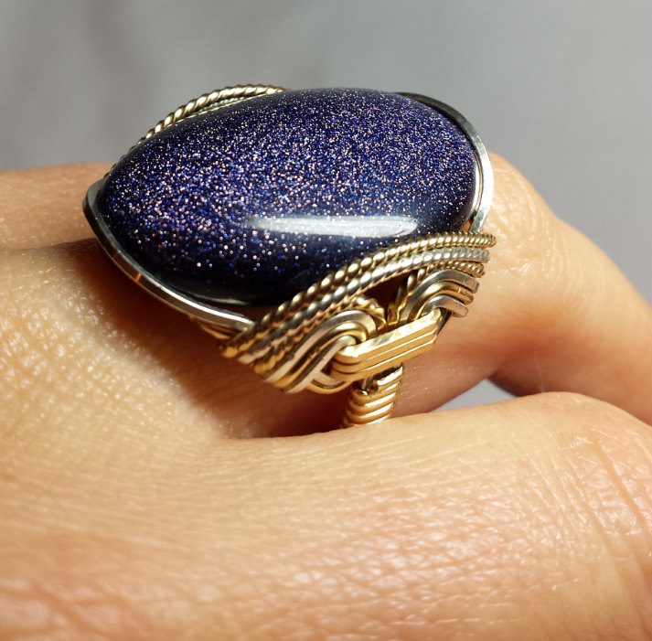 Midnight Blue Ring, Twinkling Goldstone, Mixed Metals, Sterling Silver, 14k Gold Fill, Any Size, 1076