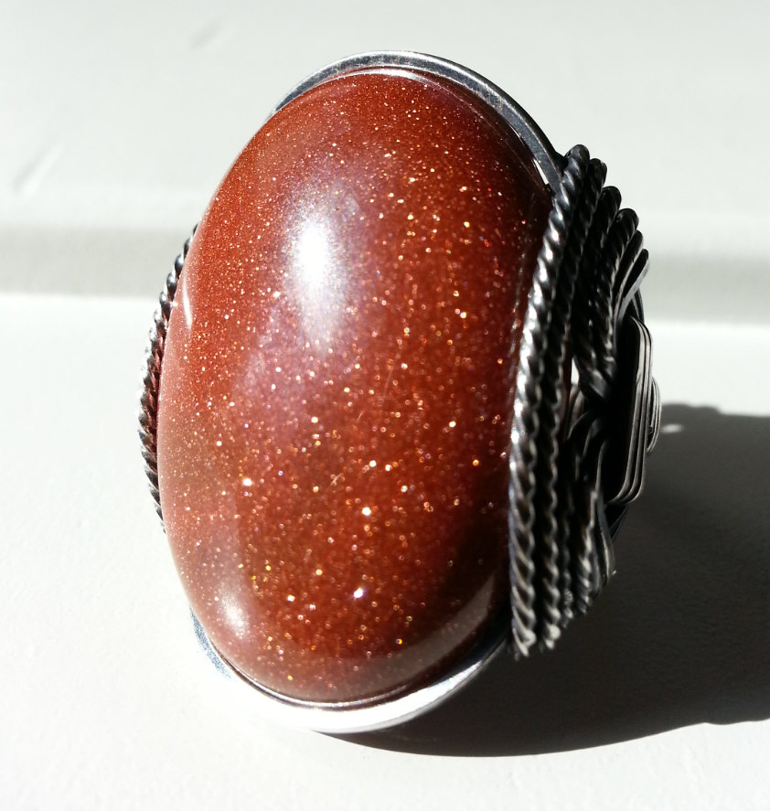 Goldstone Ring, Sparkling, Caramel, Oxidized Sterling Silver, Glowing Ring, Orange Flame, Hard Candy Gems, 0785