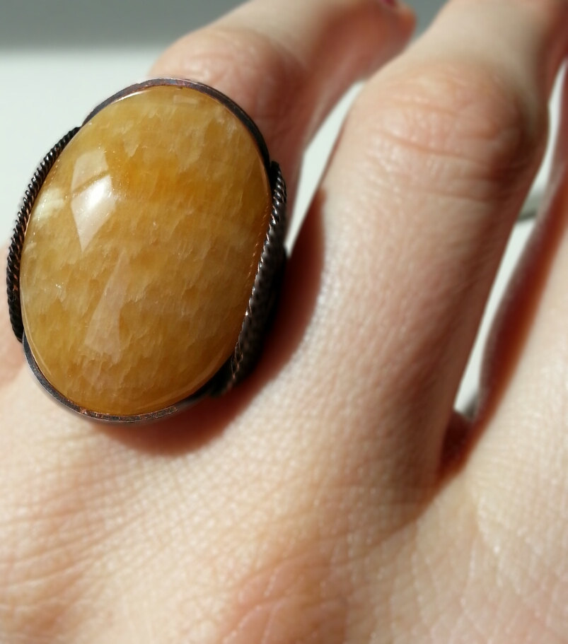 Golden Yellow Ring, Glowing Shell Aragonite, Unique Jewelry, Cocktail Ring, Sunshine, Dark Antiqued Oxidized Copper, 0778