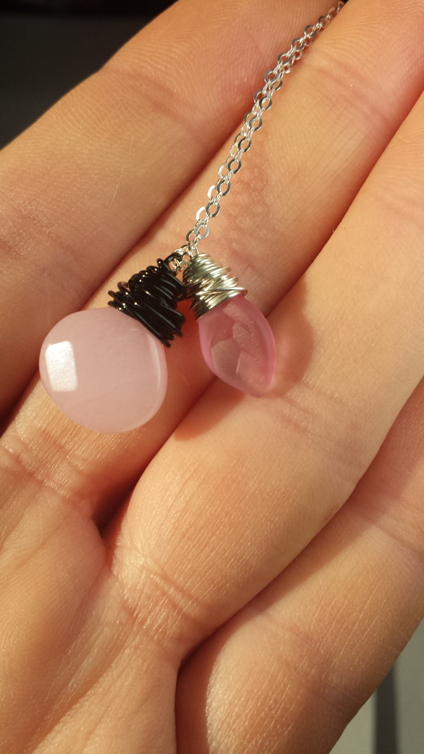 Petal Pink Teardrop Necklace, Czech Glass Leaf Wrapped In Sterling Silver, Candy Jade In Black Wire