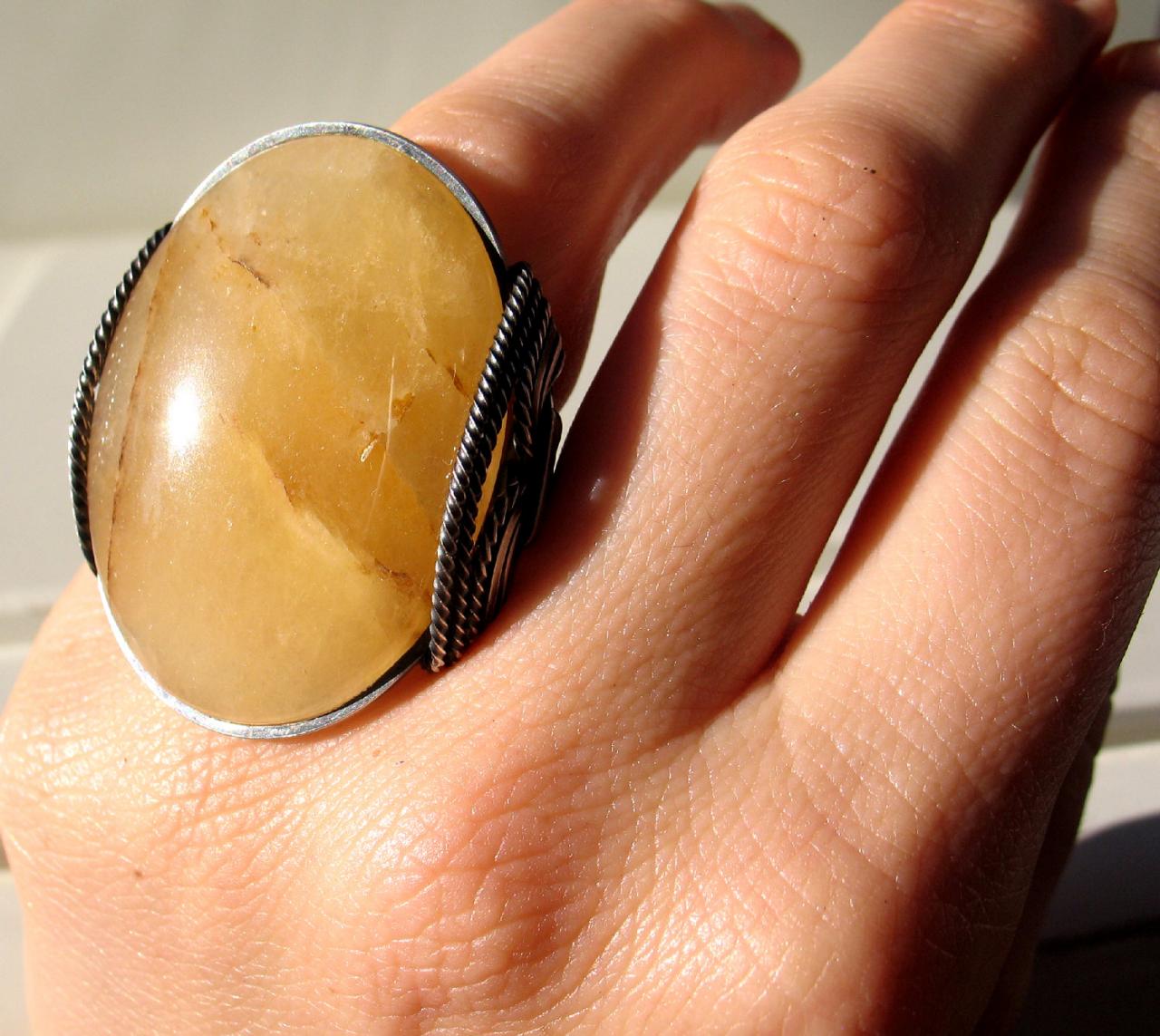 Golden Yellow Stone Ring, Oxidized Sterling Silver, Sunshine Jade, Statement Ring 0344