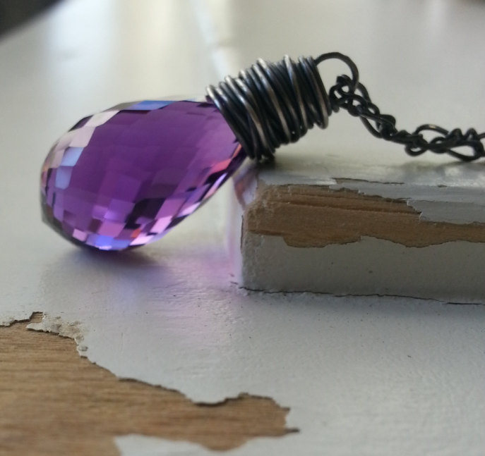 Amethyst Necklace, Faceted Teardrop Gemstone Necklace, Grape Purple, Sterling Silver