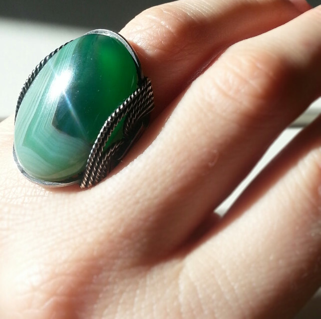 Apple Green Agate Ring, Antiqued Recycled Sterling Silver, Soft Mint Green Stone