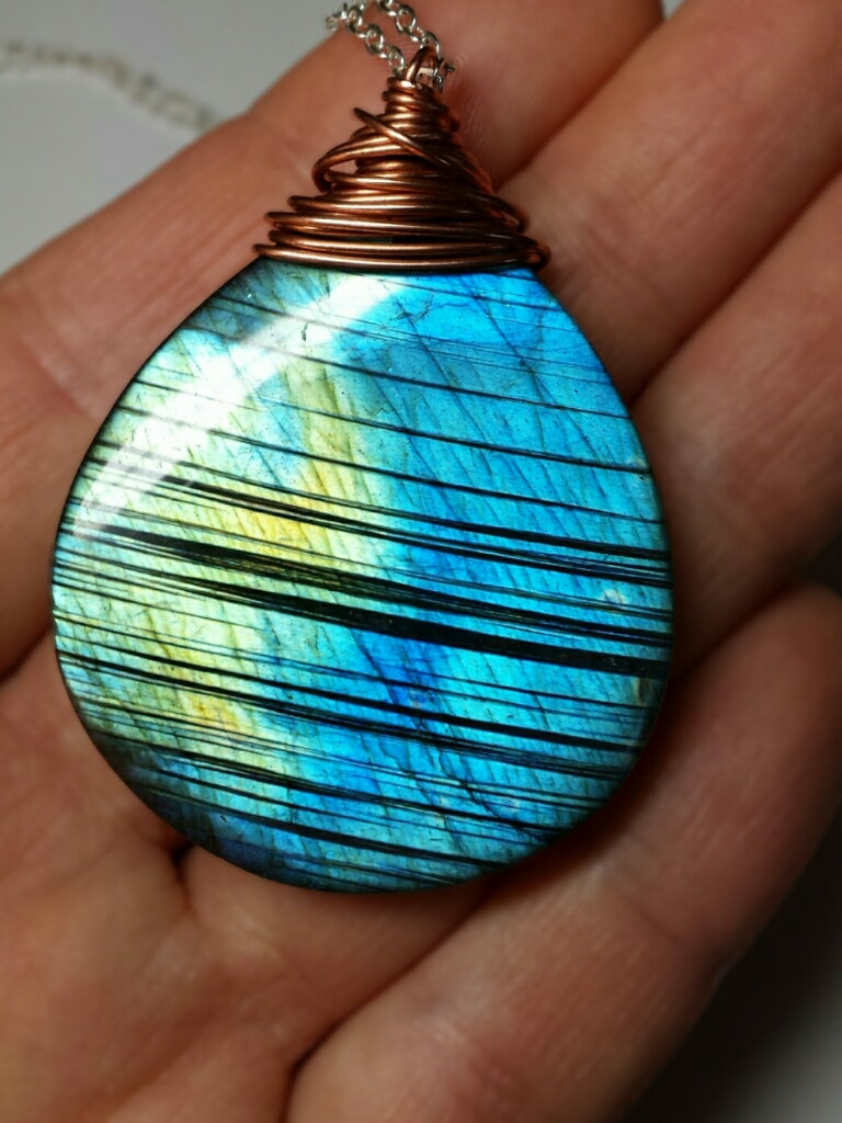 Labradorite Necklace Reversible Blue Yellow Gemstone Pendant Striped Soltaire On Luulla