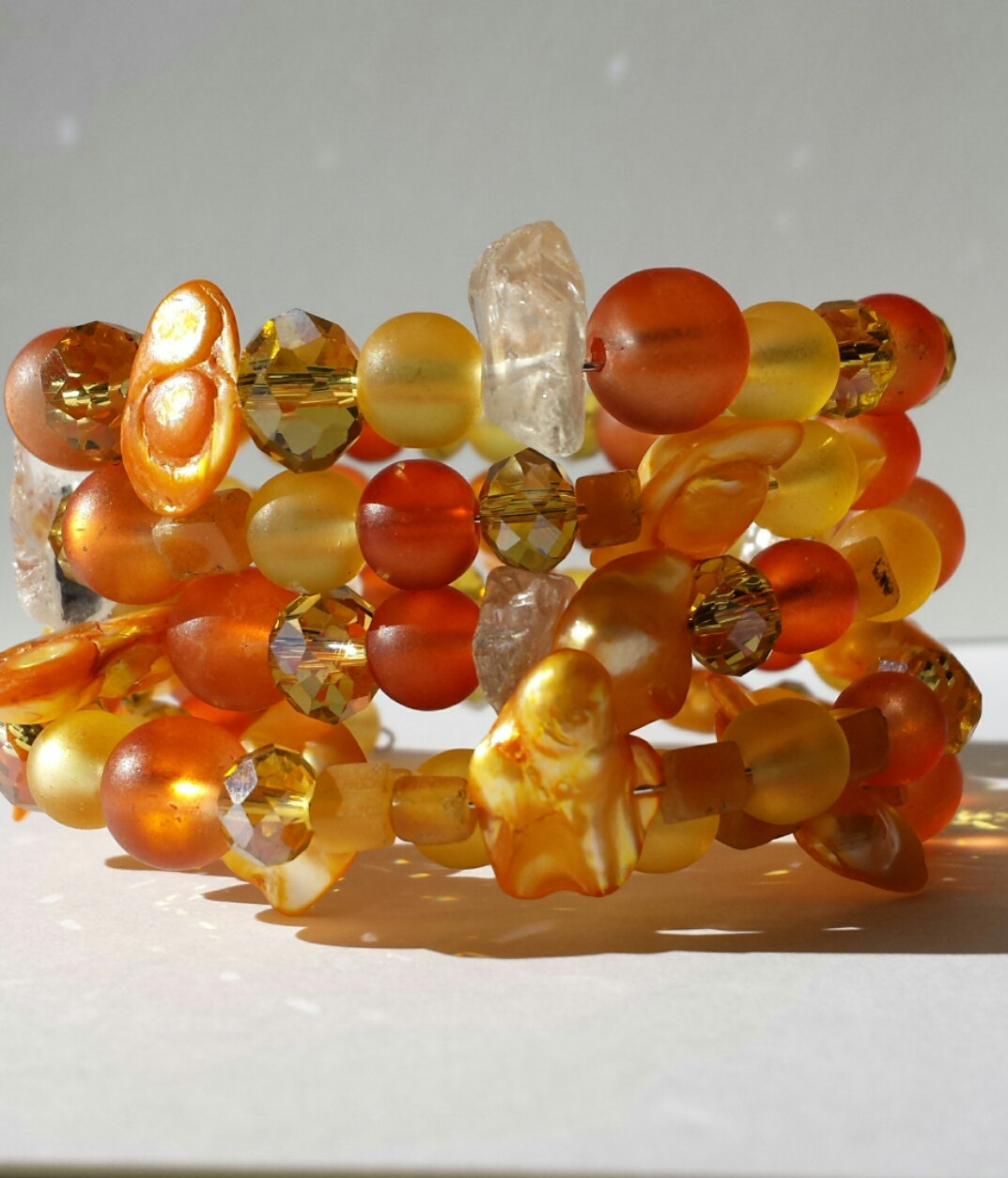 Orange Sunshine Bracelet, 5 Rows, Fiery Arm Candy, Yellow Gold Pearls, Beaded Jewelry
