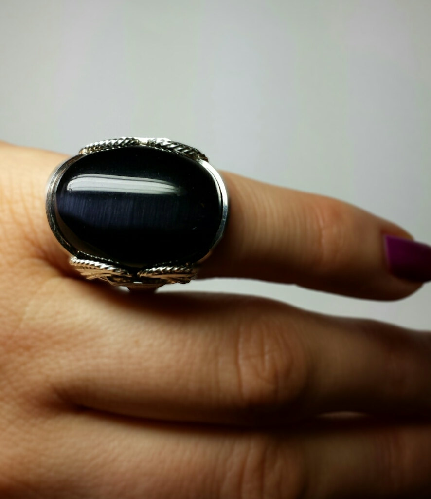 Black Cats Eye Ring, Sterling Silver, Petite Statement, Oval Glass ...