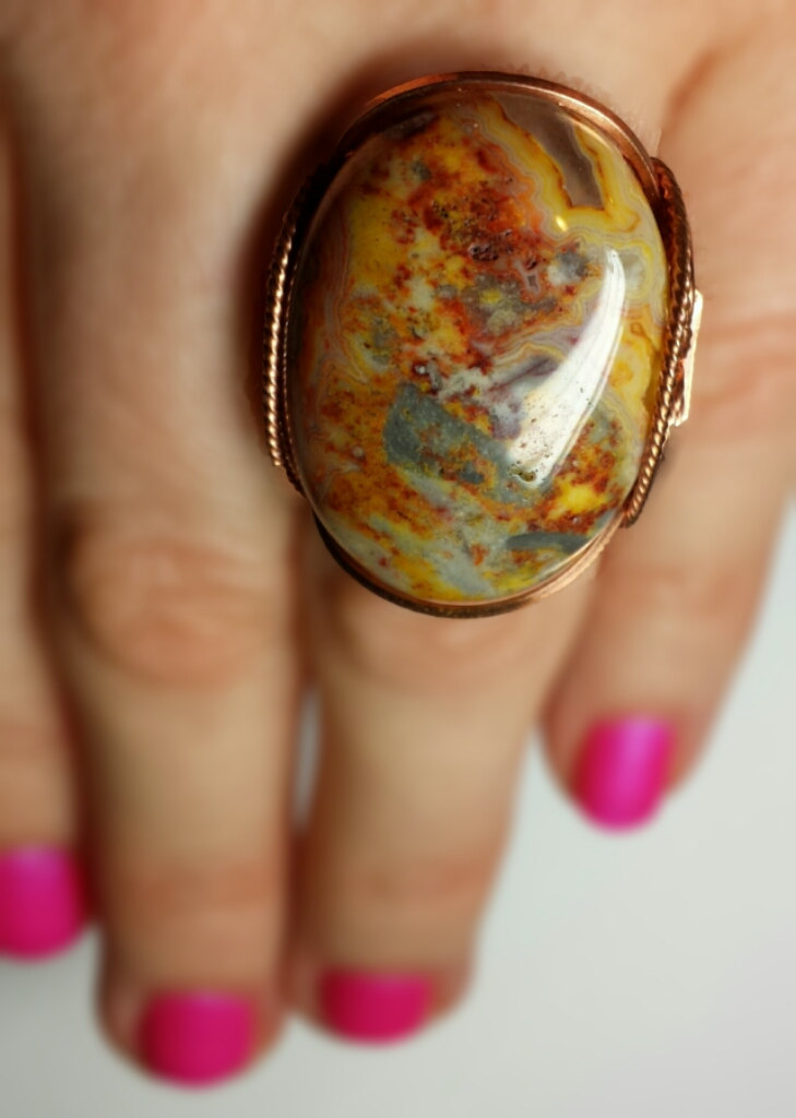 Mustard Red Stone Ring, Natural Crazy Lace Agate Stone, Bright Rose