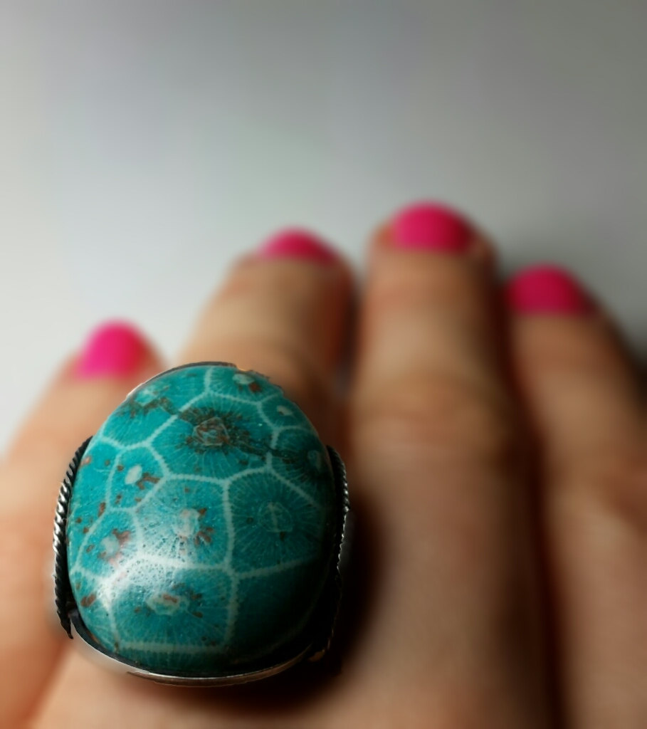Teal Coral Fossil Ring, Dark Sterling Silver, Handmade Jewelry, Any Size, Unique