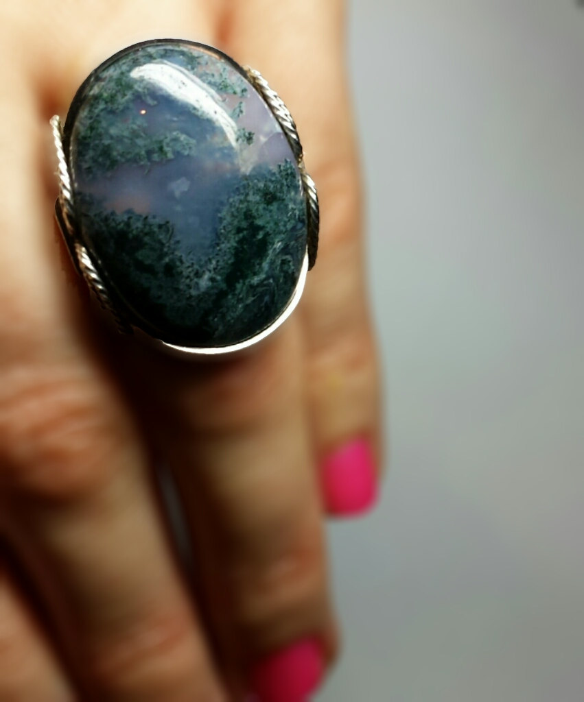 Green Moss Agate Ring, Sterling Silver, Handmade In Any Size, Natural