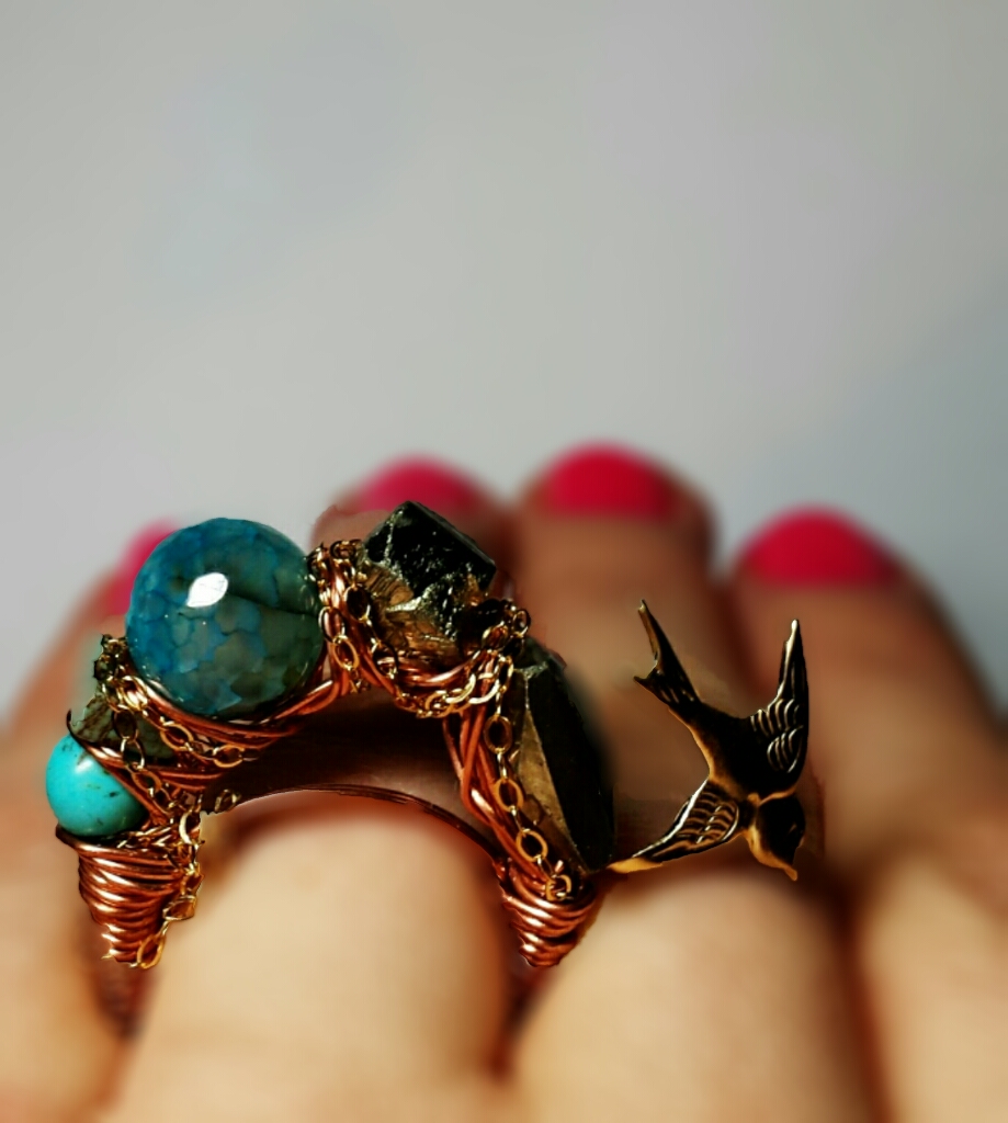 Gold Bird Ring, Cocktail Stacking Ring, Pyrite Turquoise, Warm Copper, Ready To Ship Size 9