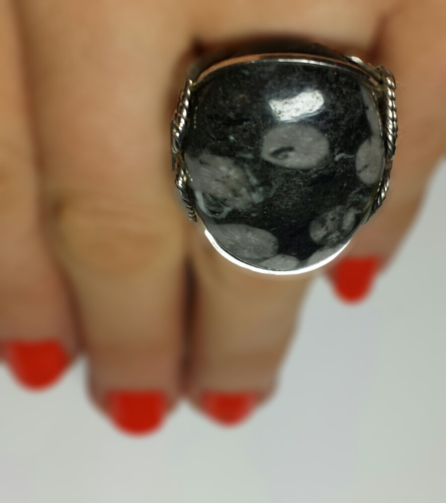 Black Fossil Agate Ring, Statement Sterling Silver Wrapped Art Handmade Jewelry