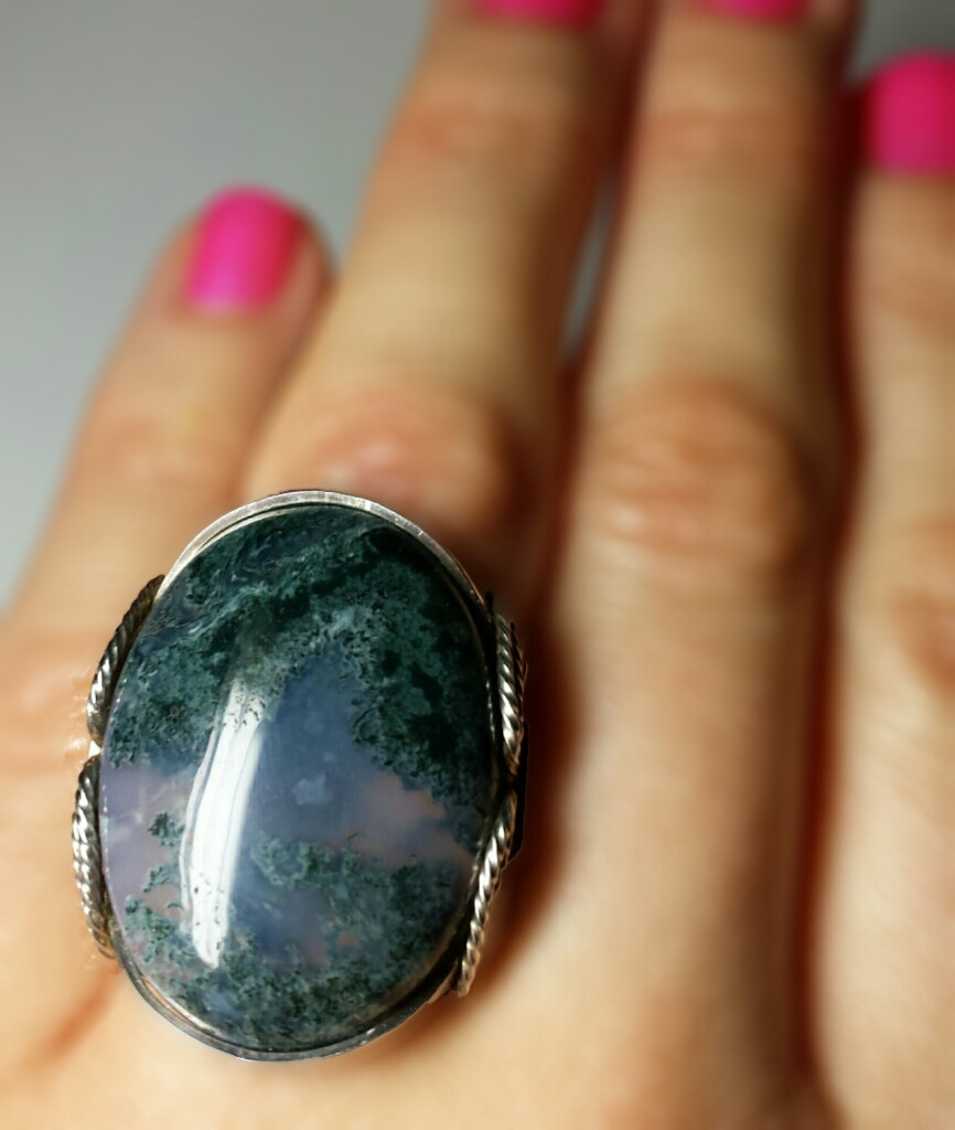 Green Moss Agate Ring, Sterling Silver, Handmade In Any Size, Natural